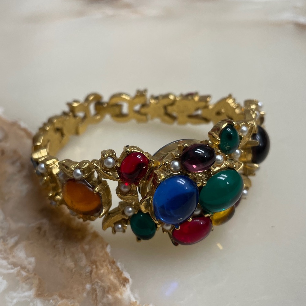 VINTAGE Spats Bracelet Watch - Pearl and Multicolored Glass Cabachons